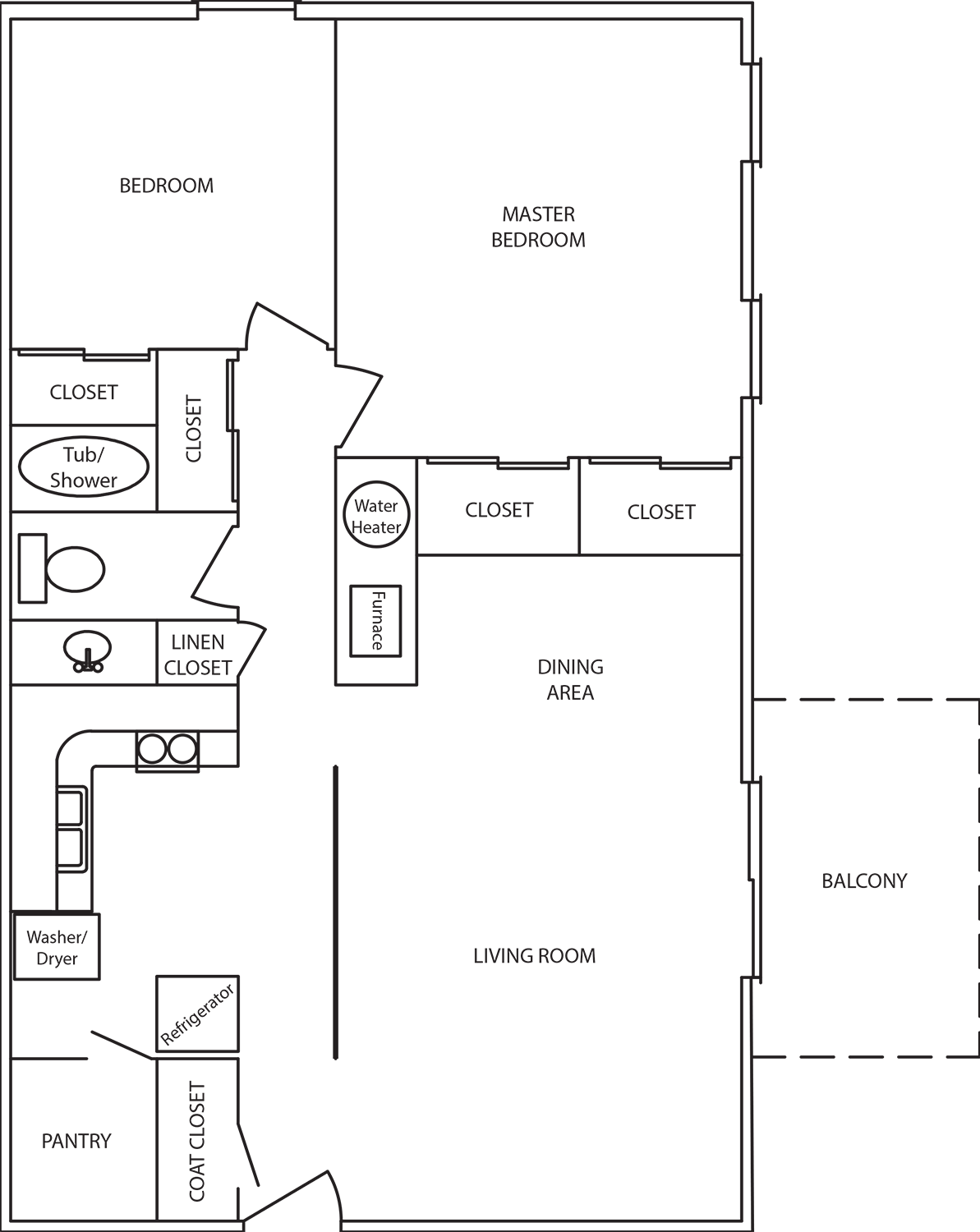 Floor plan for 2 beds, 1 bath, 950 sqft